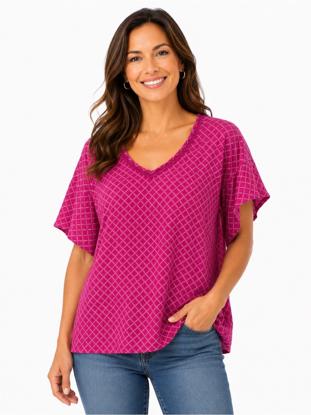 Catherines Magenta Diamond-Print V-Neck Short Sleeve Top